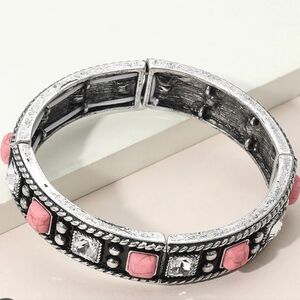 #52 Square Stone Studded Stretch Bracelet, Pink And Silver